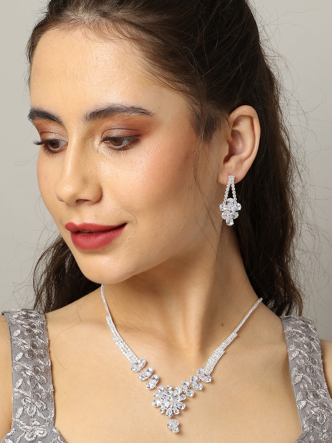 Silver Plated Designer Stone Necklace And Earring Set