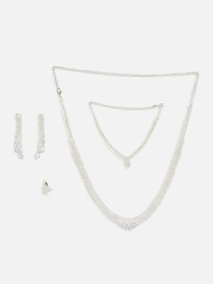 Silver Plated Designer Stone Necklace, Earrings, Bracelet And Ring Set