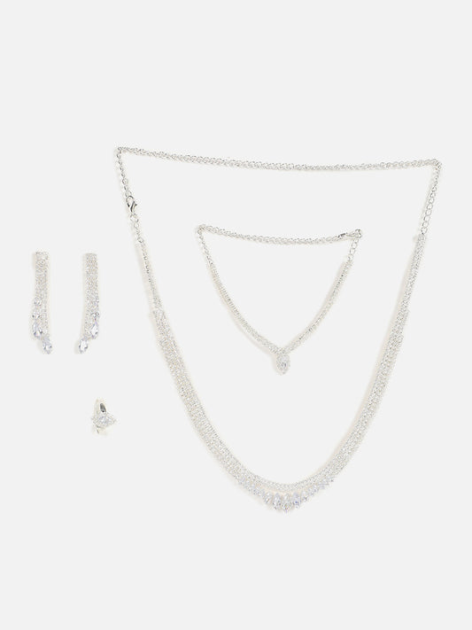 Silver Plated Designer Stone Necklace, Earrings, Bracelet And Ring Set