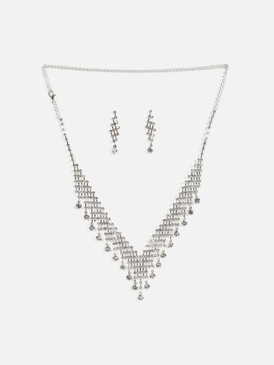 Silver Plated Designer Stone Necklace And Earring Set