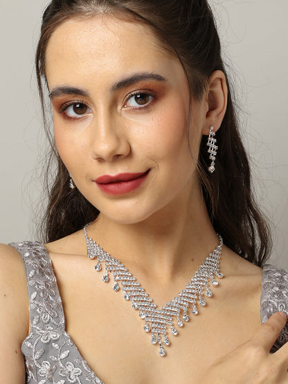 Silver Plated Designer Stone Necklace And Earring Set