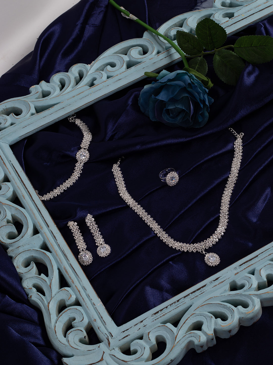 Silver Plated Designer Stone Necklace, Earrings, Bracelet And Ring Set