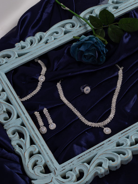Silver Plated Designer Stone Necklace, Earrings, Bracelet And Ring Set