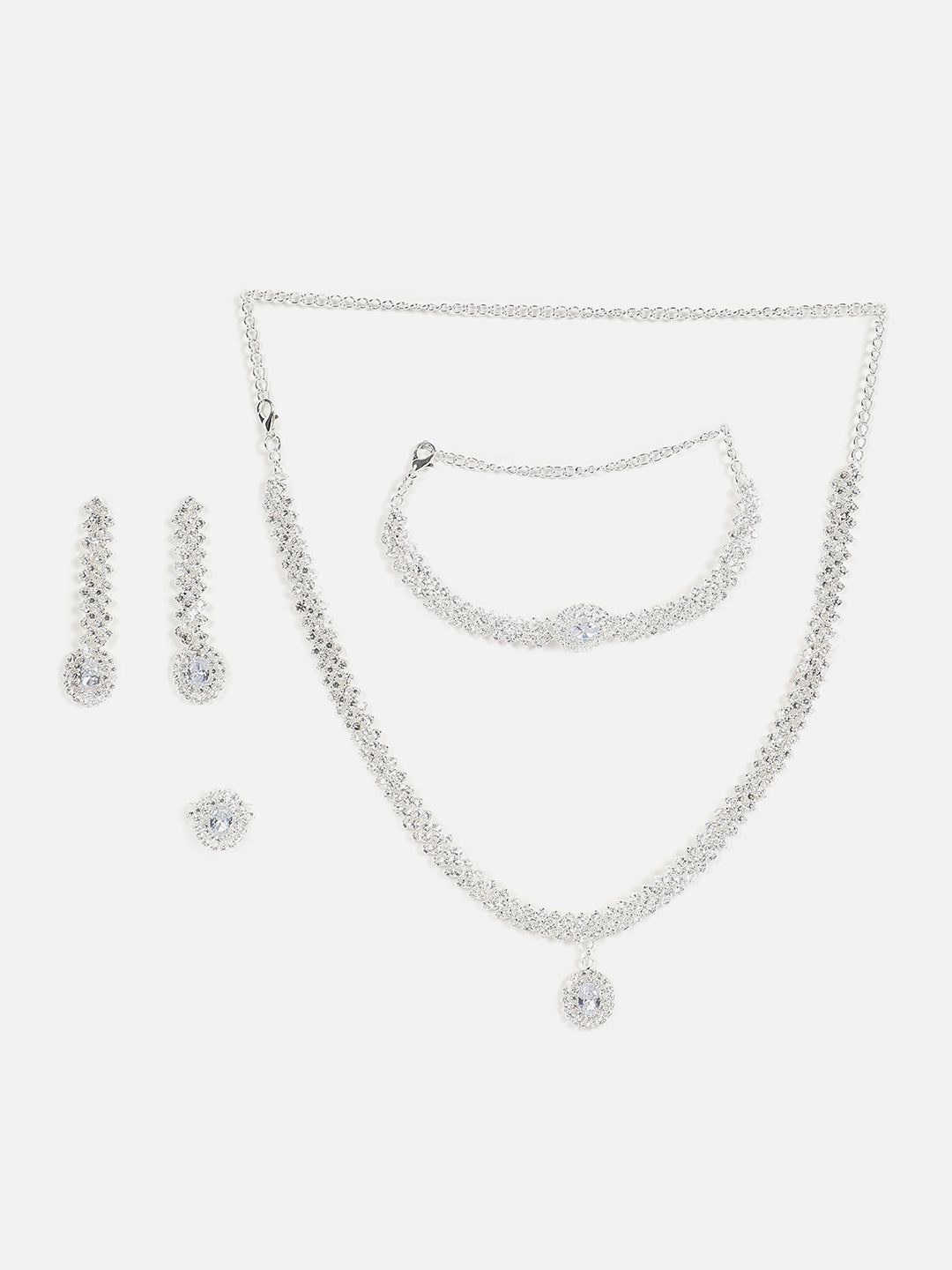 Silver Plated Designer Stone Necklace, Earrings, Bracelet And Ring Set