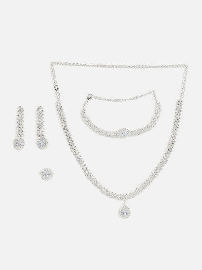 Silver Plated Designer Stone Necklace, Earrings, Bracelet And Ring Set