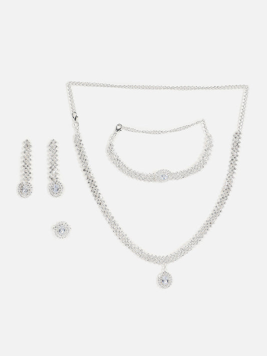 Silver Plated Designer Stone Necklace, Earrings, Bracelet And Ring Set