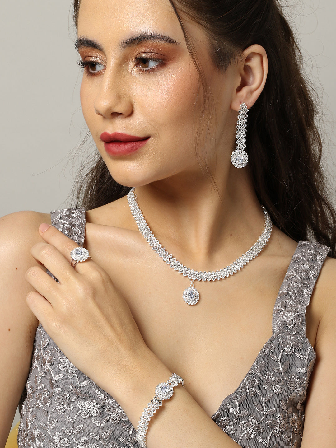 Silver Plated Designer Stone Necklace, Earrings, Bracelet And Ring Set