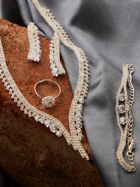 Silver Plated Designer Stone Necklace, Earrings, Bracelet And Ring Set