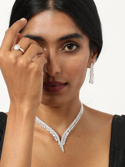 Silver Plated Designer Stone Necklace, Earrings, Bracelet And Ring Set