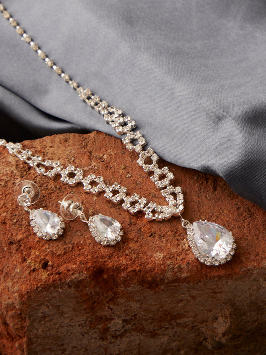 Silver Plated Designer Stone Necklace And Earring Set