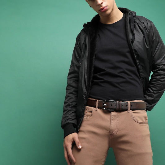 Brown Textured Formal Vegan Leather Leather Belt