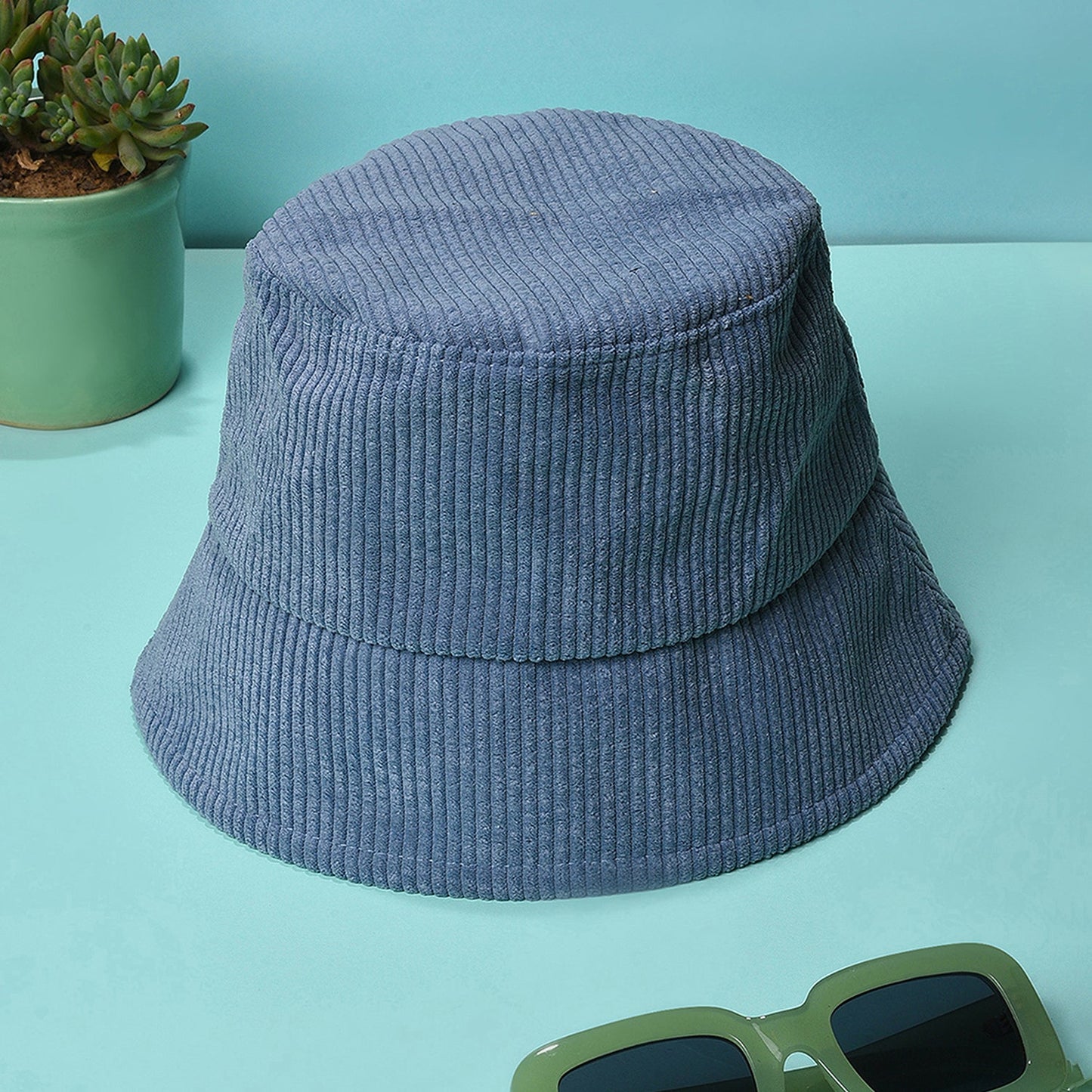 Blue Solid Corduroy Bucket Hat