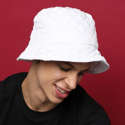 White Solid Quillted Bucket Hat