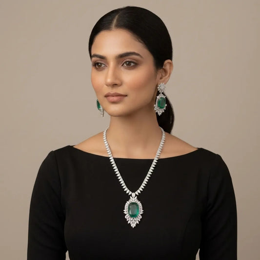 Silver And Emerald Green Stone Studded Necklace And Earrings Set For Women