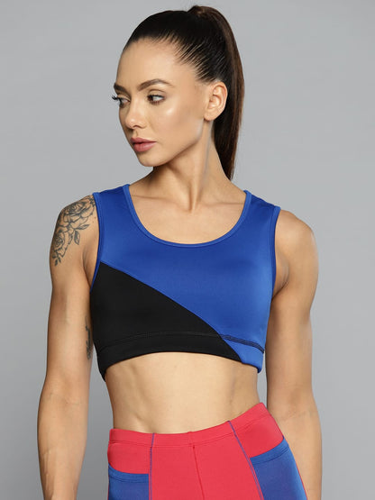 Alcis women blue black colourblocked sports bra with padded non-wired design for everyday comfort.