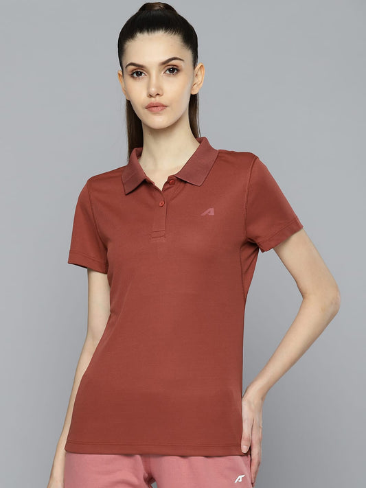 Alcis women red printed polo collar T-shirt with slim fit and breathable 100% polyester fabric for casual wear.