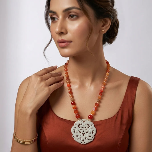 Orange Carnelian Beaded Carved White Pendant Necklace For Women