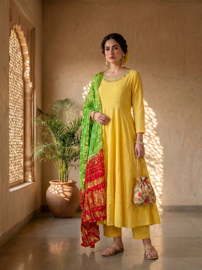 YELLOW BANDHEJ SUIT SET
