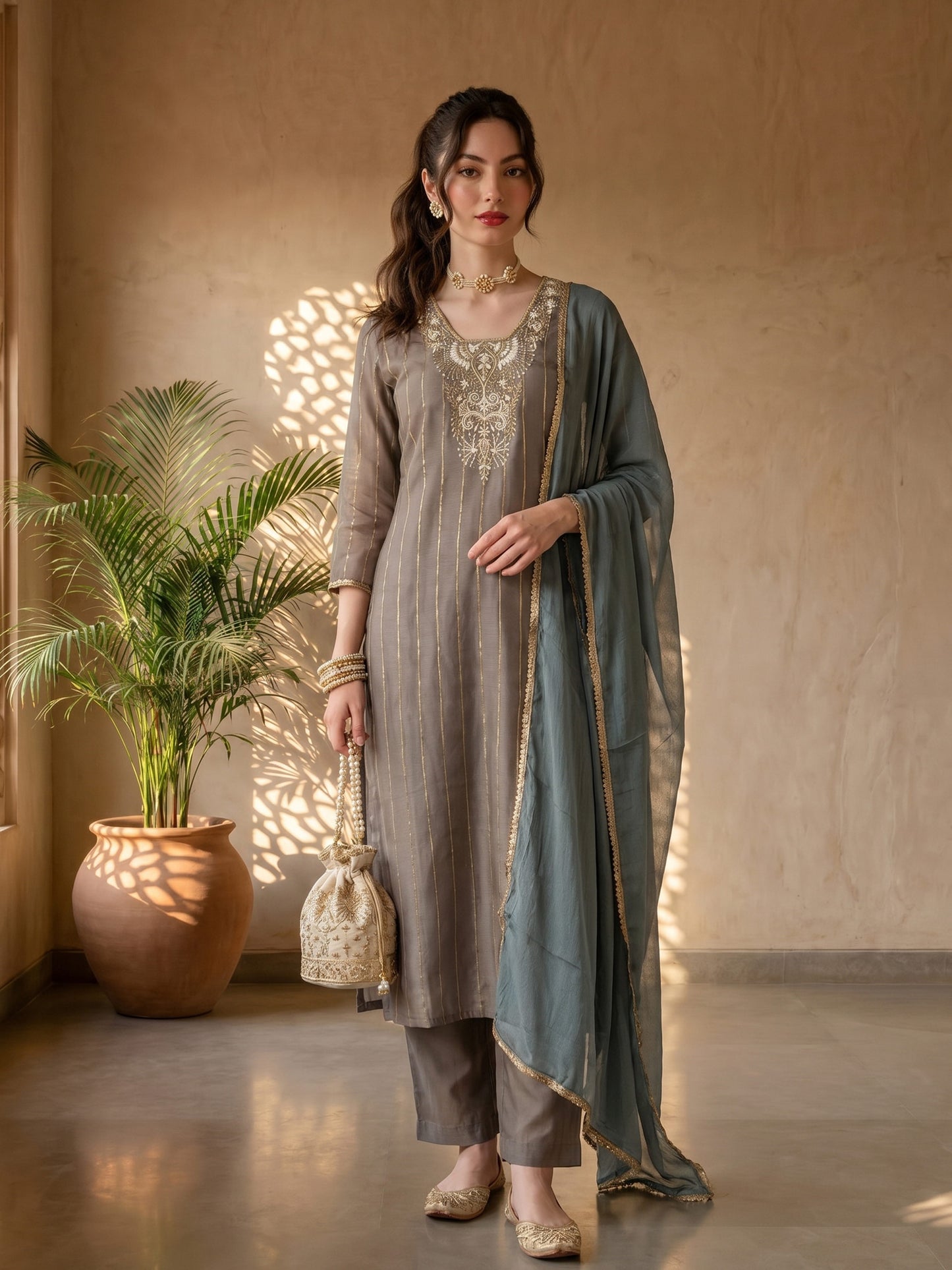 GREY CHANDERI EMBROIDERED SUIT SET