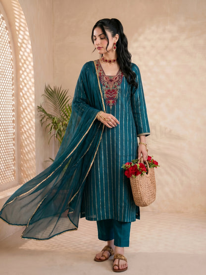 BLUE CHANDERI EMBROIDERED SUIT SET