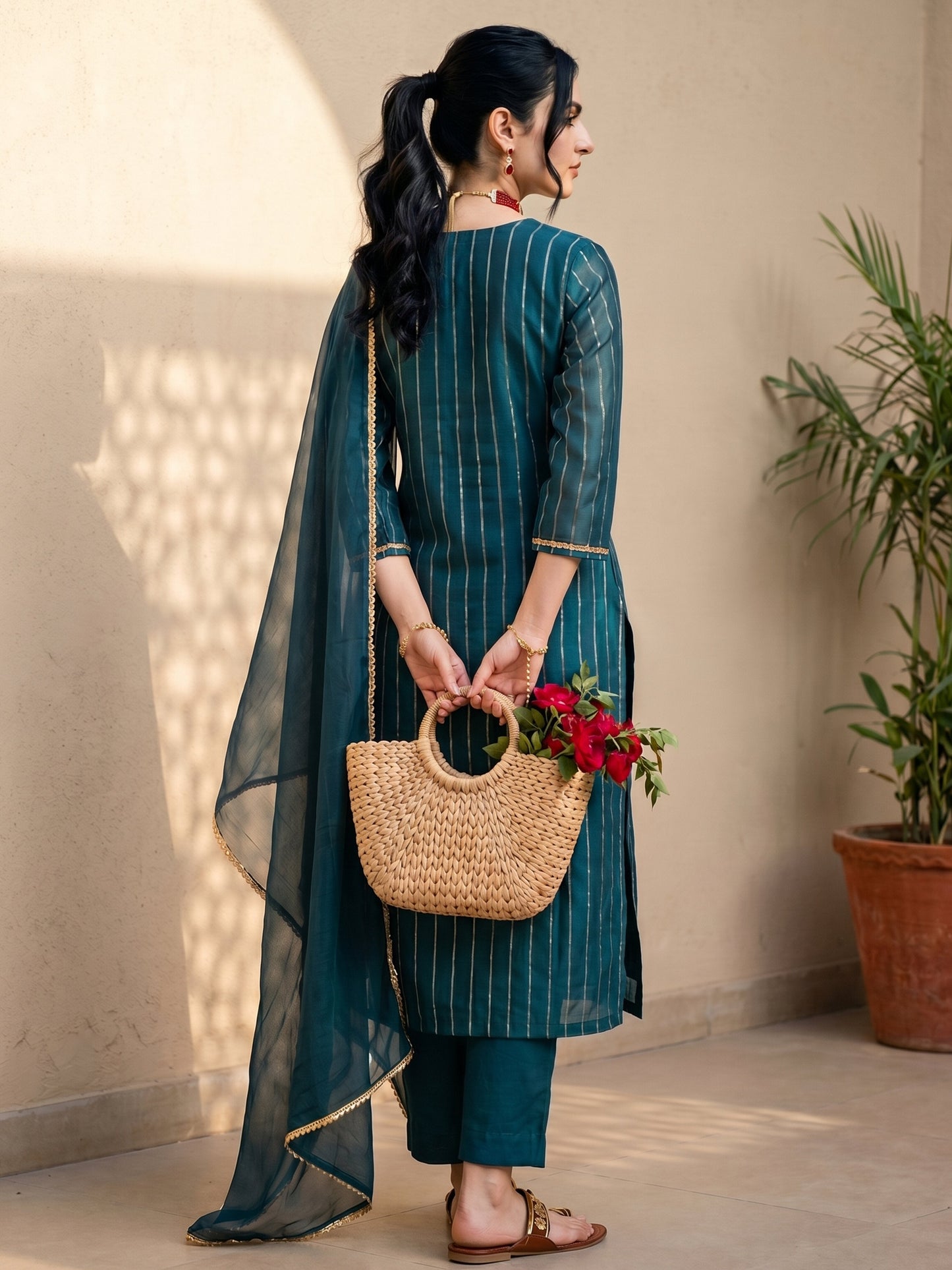 BLUE CHANDERI EMBROIDERED SUIT SET