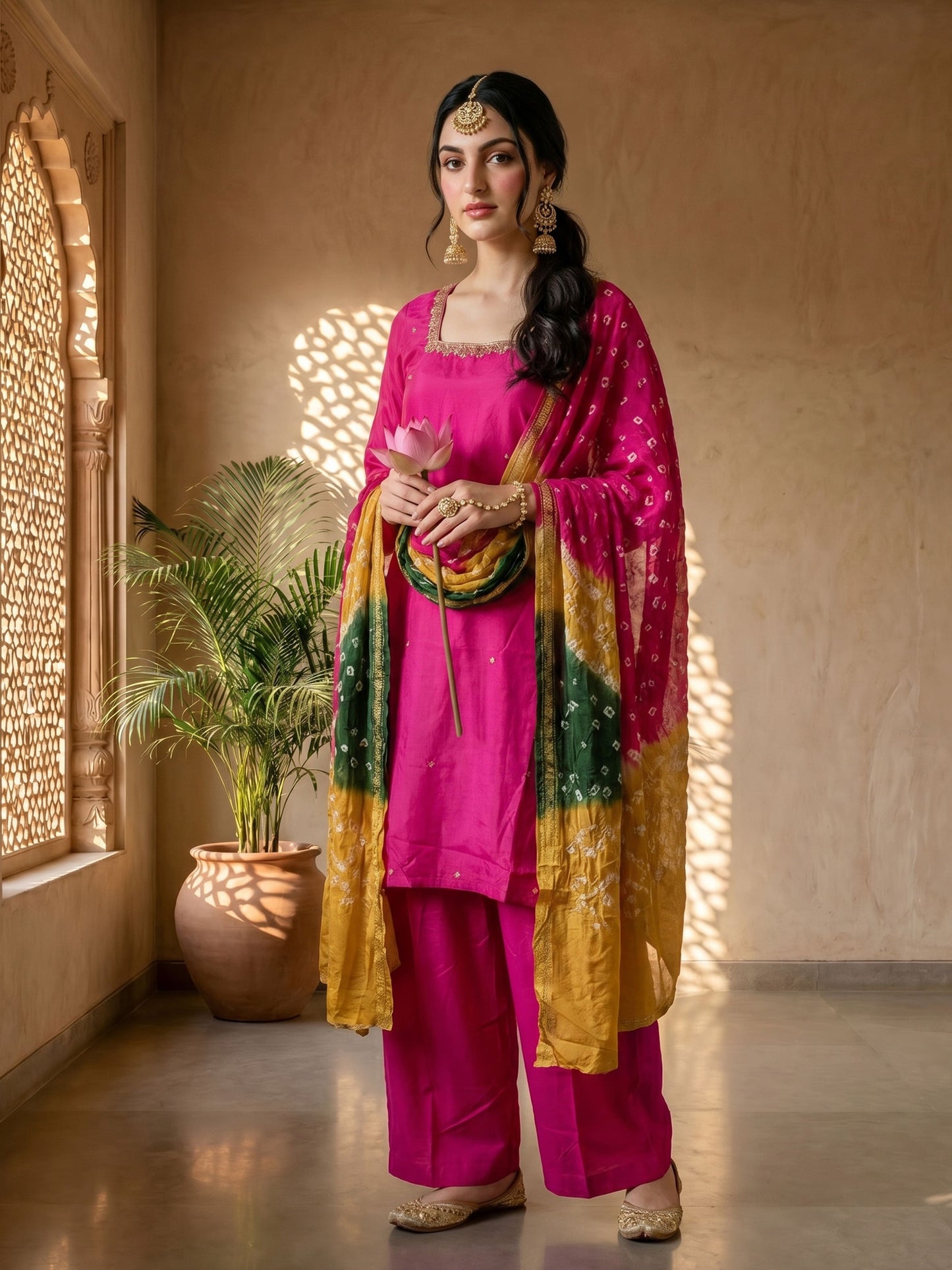 PINK & GREEN BANDHEJ SUIT SET
