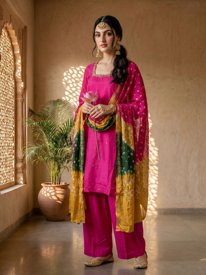 PINK & GREEN BANDHEJ SUIT SET