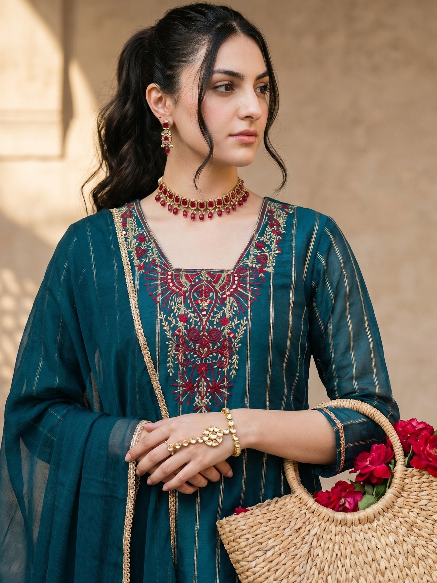 BLUE CHANDERI EMBROIDERED SUIT SET