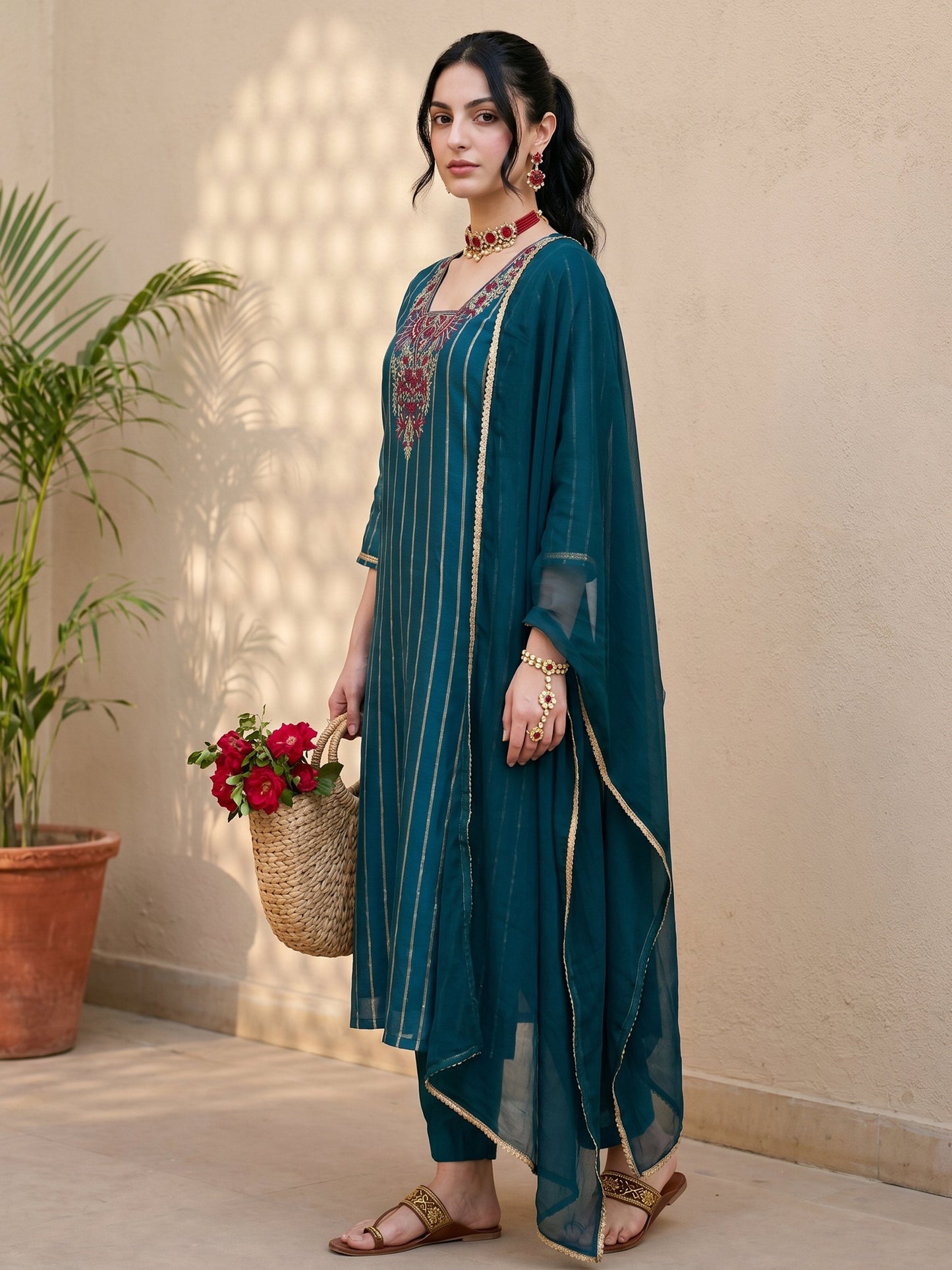 BLUE CHANDERI EMBROIDERED SUIT SET