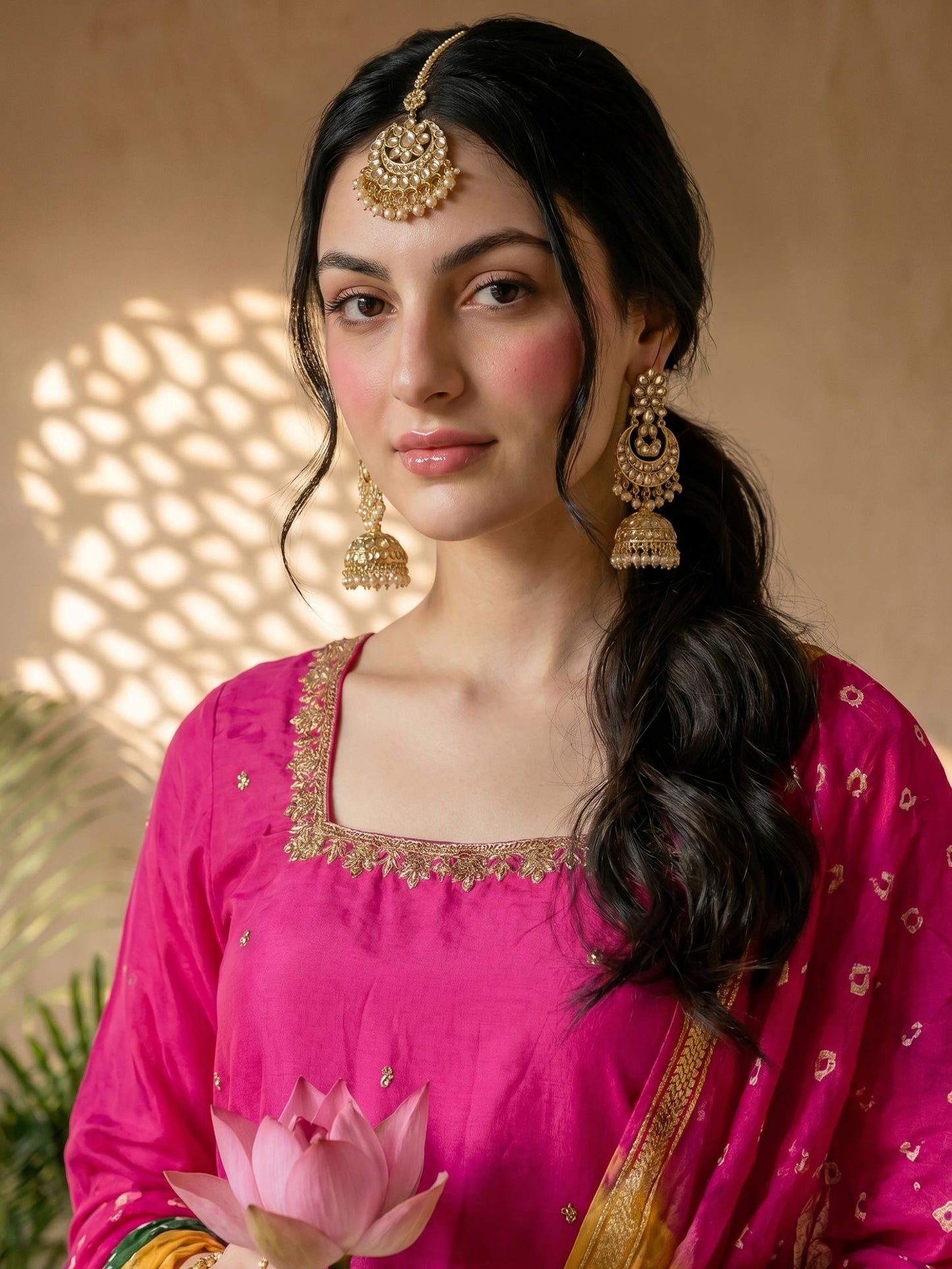 PINK & GREEN BANDHEJ SUIT SET