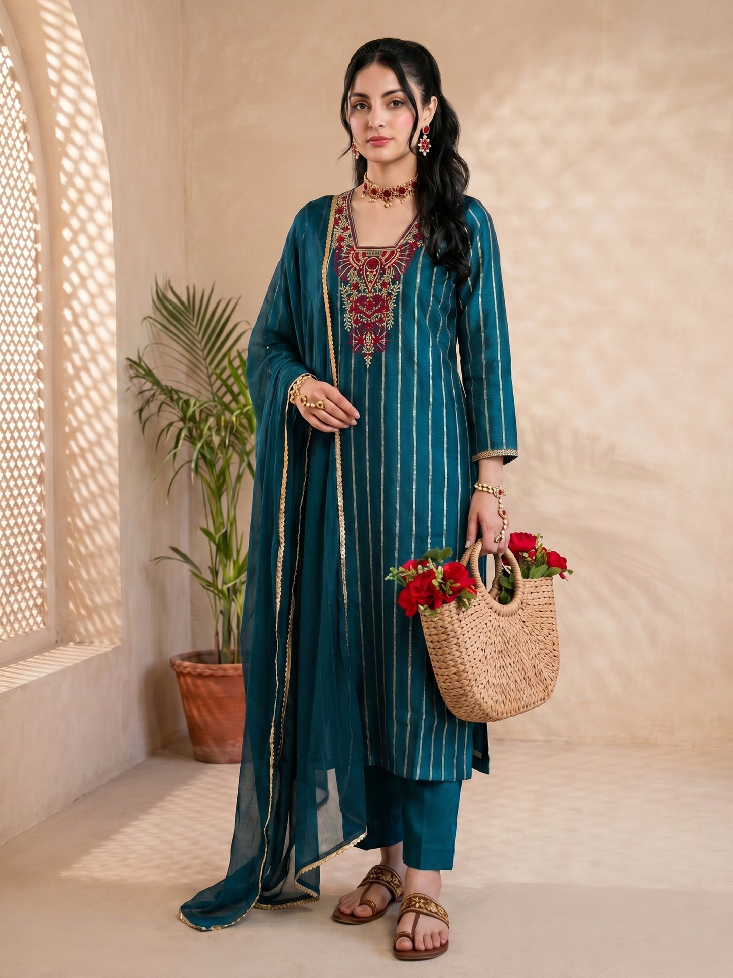BLUE CHANDERI EMBROIDERED SUIT SET