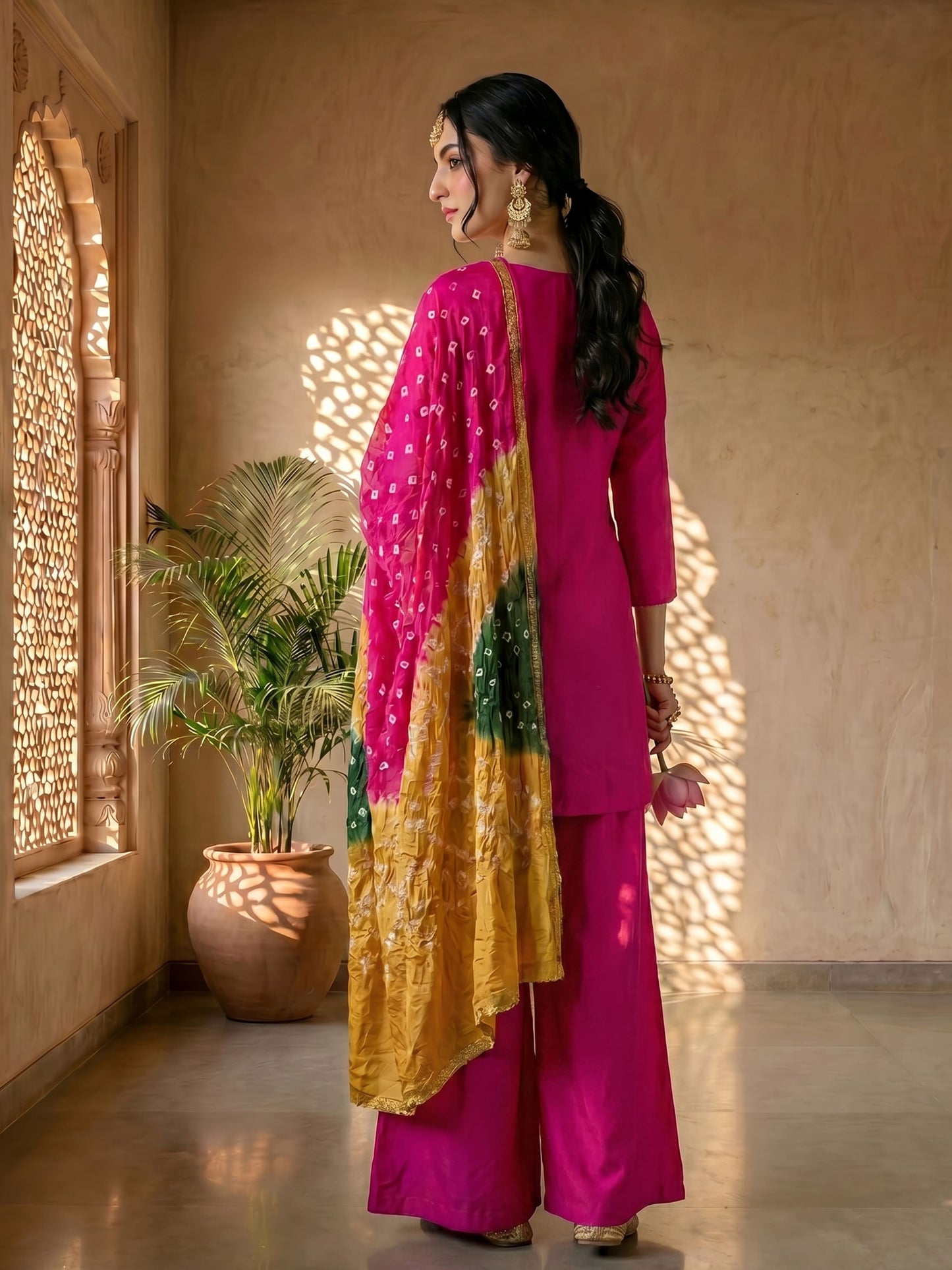 PINK & GREEN BANDHEJ SUIT SET
