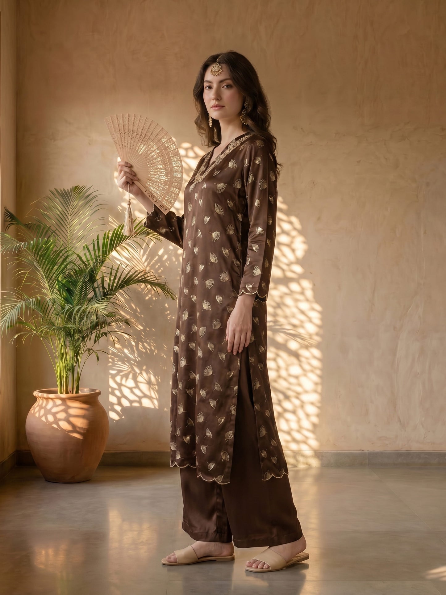BROWN FOIL KURTA SET