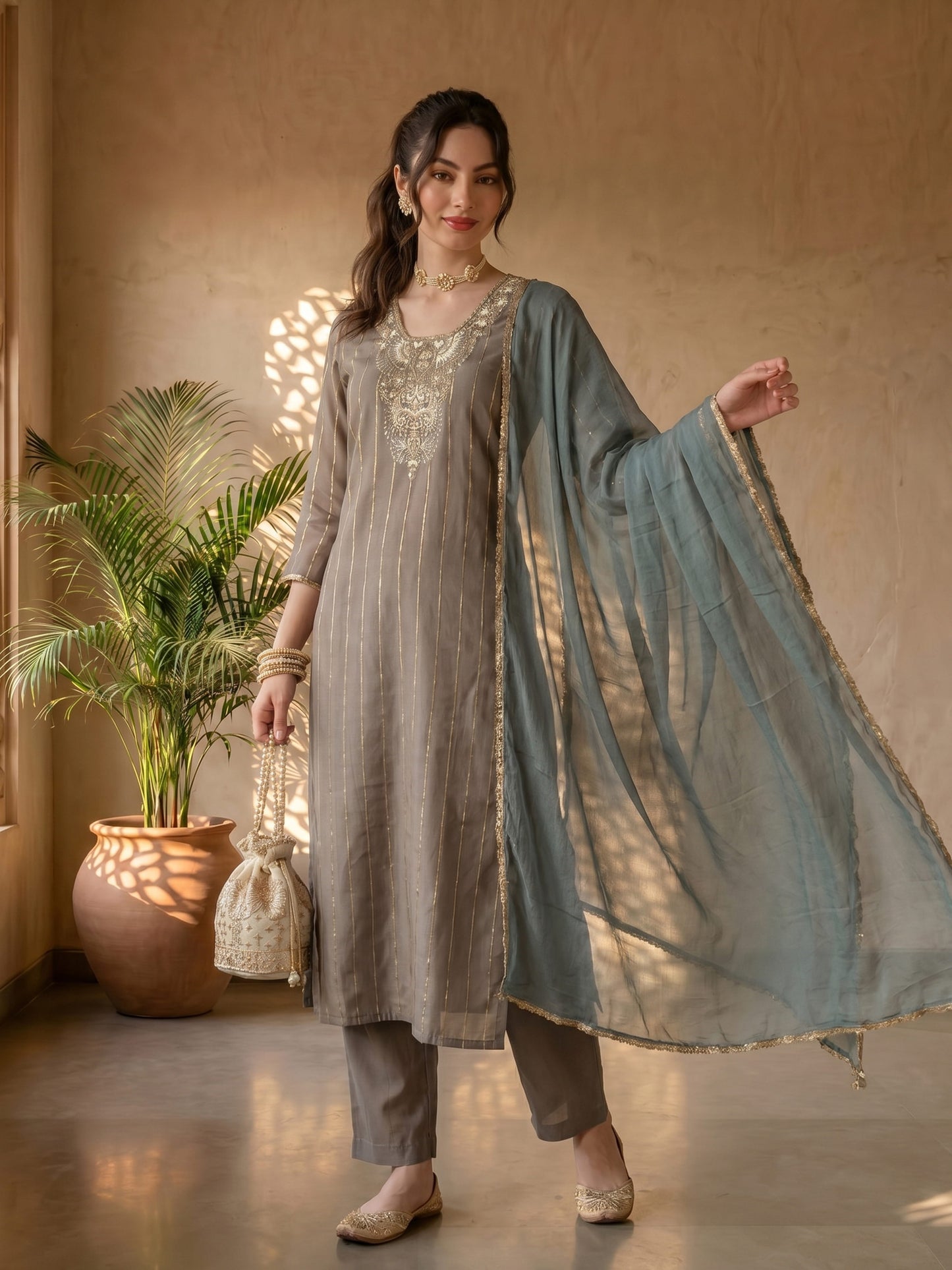 GREY CHANDERI EMBROIDERED SUIT SET