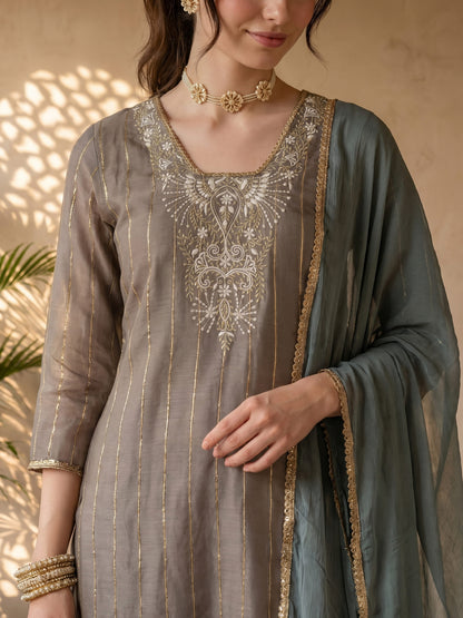 GREY CHANDERI EMBROIDERED SUIT SET