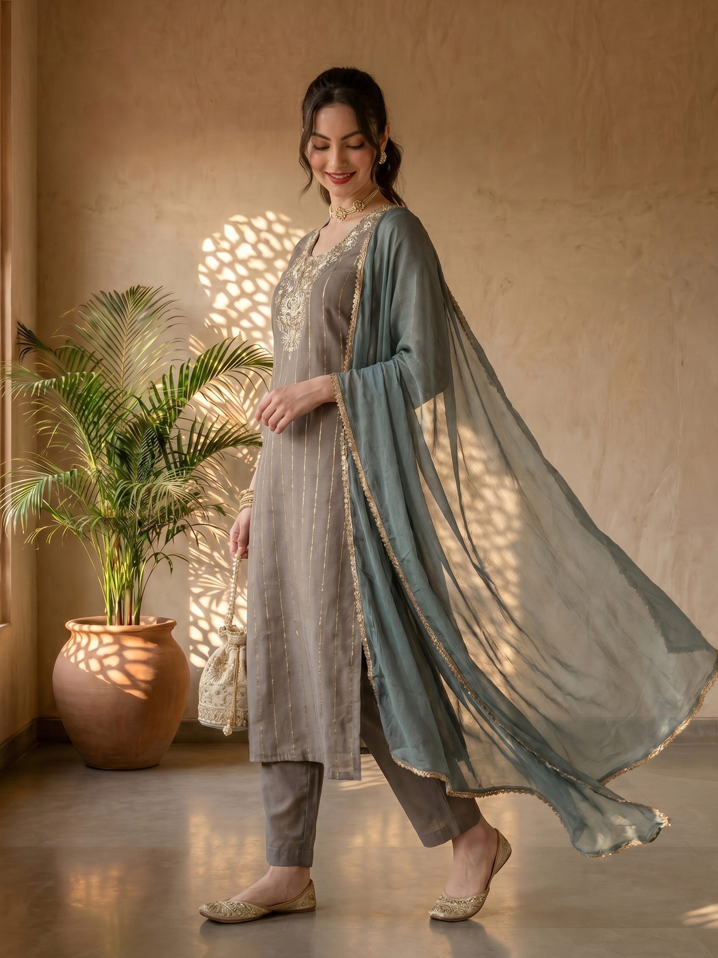 GREY CHANDERI EMBROIDERED SUIT SET