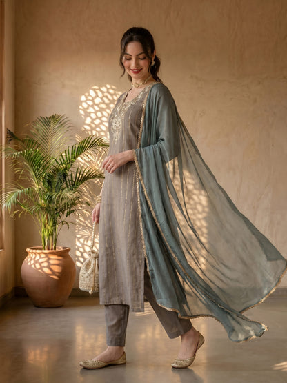 GREY CHANDERI EMBROIDERED SUIT SET