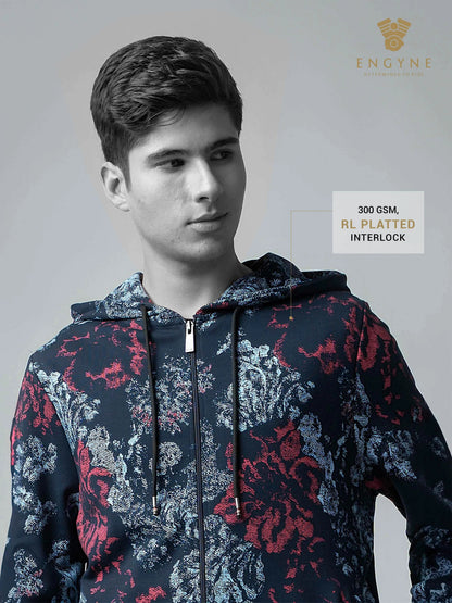 All-Over Discharge Navy Printed Hoodie Zipper Sweatshirt