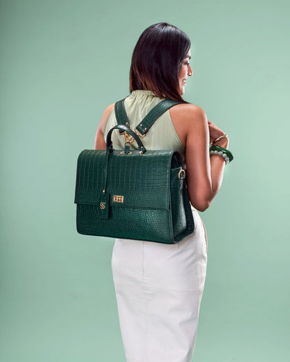 The Compact Convertible Work Bag for 14" laptops: Emerald Elegance (3 in 1 - Backpack, Crossbody/Tote & Handbag)