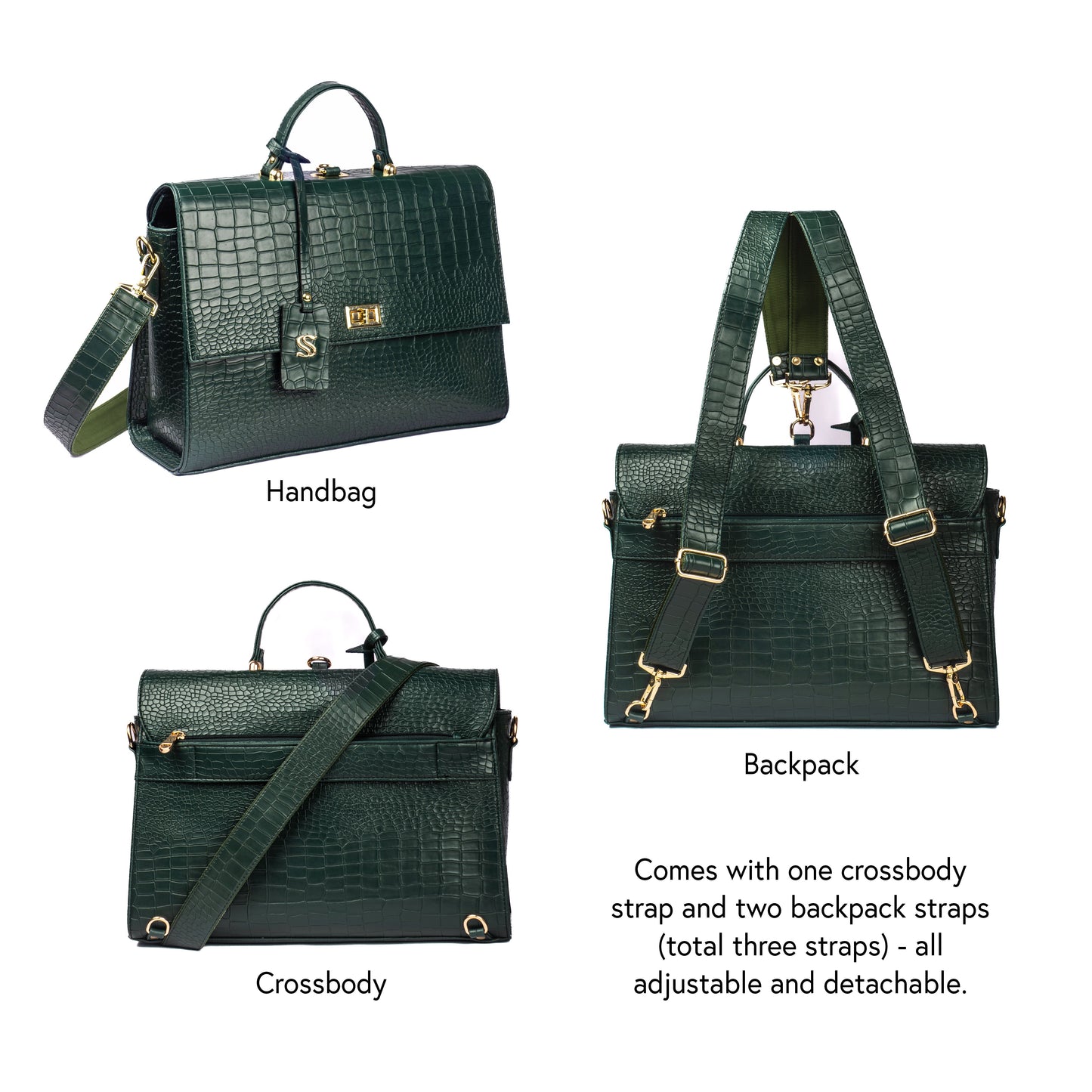 The Compact Convertible Work Bag for 14" laptops: Emerald Elegance (3 in 1 - Backpack, Crossbody/Tote & Handbag)