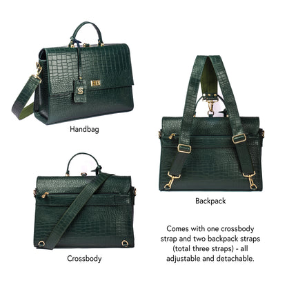 The Compact Convertible Work Bag for 14" laptops: Emerald Elegance (3 in 1 - Backpack, Crossbody/Tote & Handbag)