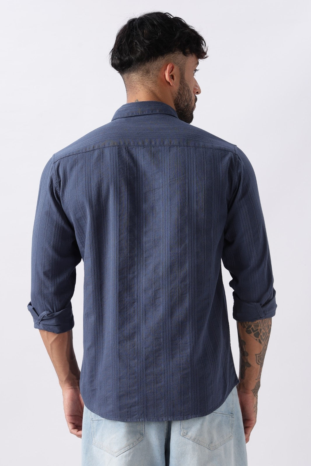 Steel Blue Textured Stripe Cotton Shirt Uri