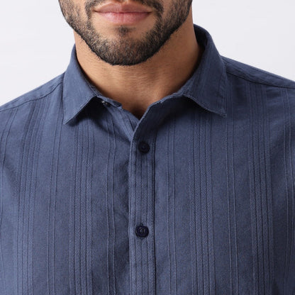 Steel Blue Textured Stripe Cotton Shirt Uri