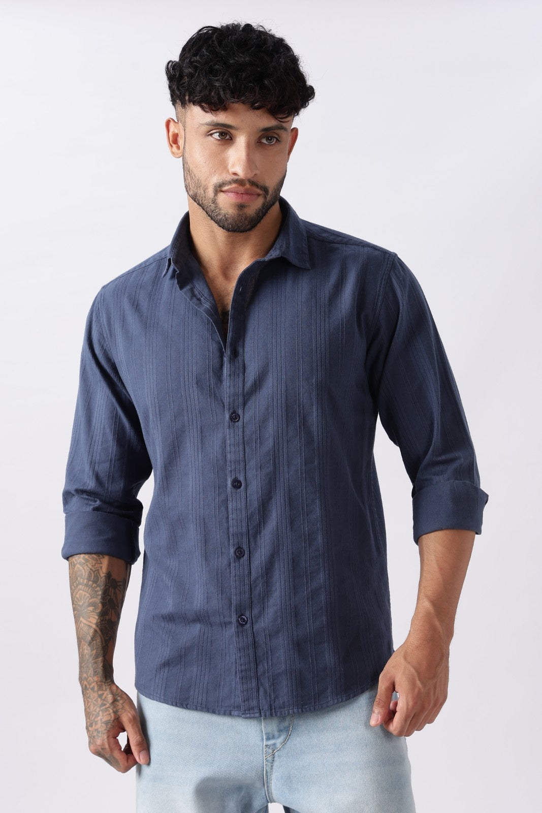 Steel Blue Textured Stripe Cotton Shirt Uri