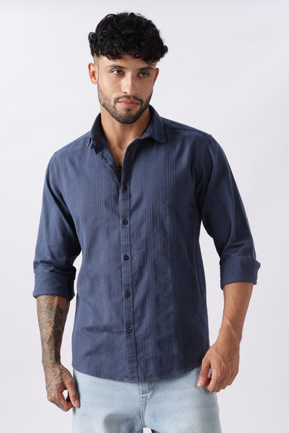 Steel Blue Textured Stripe Cotton Shirt Uri