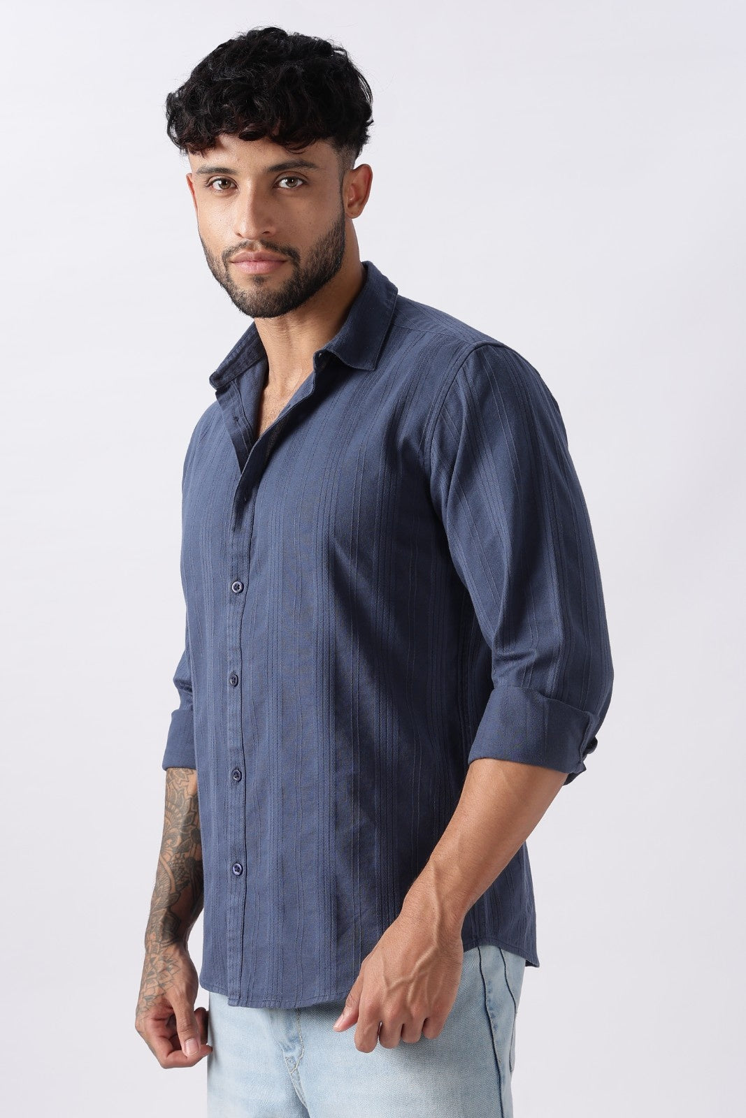 Steel Blue Textured Stripe Cotton Shirt Uri