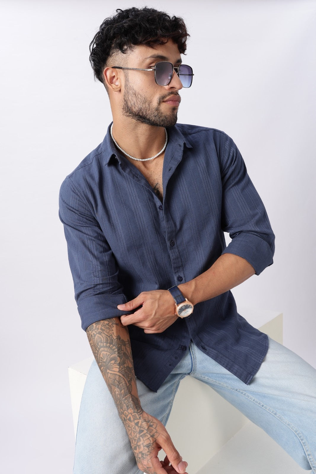 Steel Blue Textured Stripe Cotton Shirt Uri
