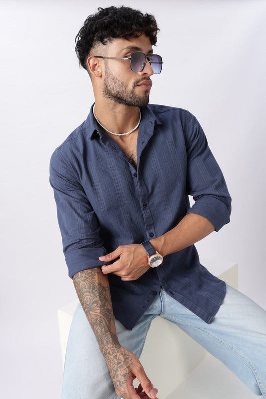 Steel Blue Textured Stripe Cotton Shirt Uri