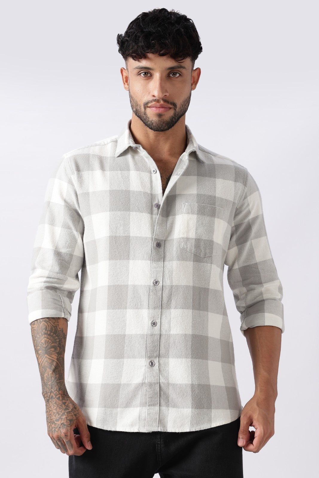 Mist Grey Buffalo Check Casual Shirt Uri