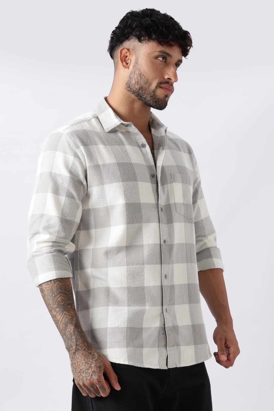 Mist Grey Buffalo Check Casual Shirt Uri